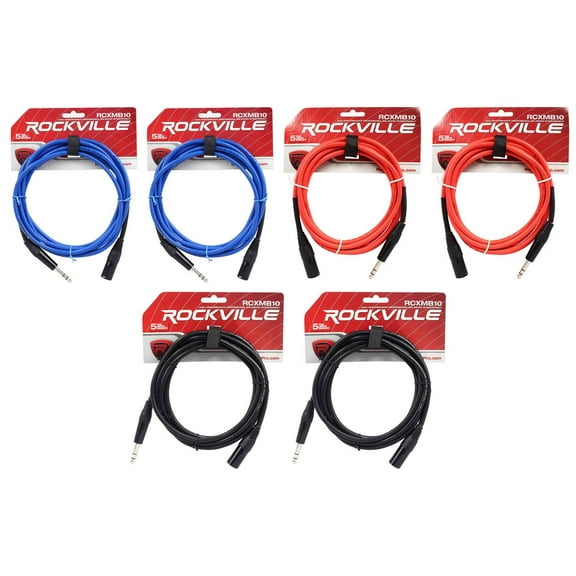 6 Rockville 10' Male REAN XLR to 1/4'' TRS Cable (3 Colors x 2 of Each)