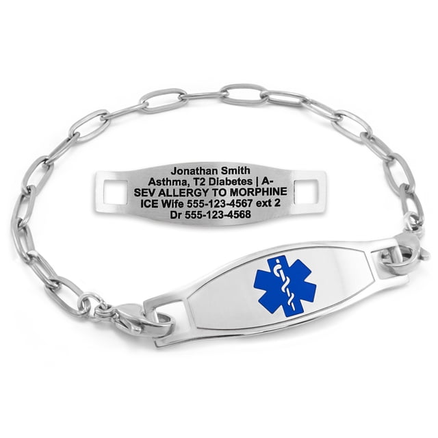 MedicEngraved Bracelet d'Alerte Médicale Personnalisé en Acier Inoxydable - Maillon Trombone 4 mm