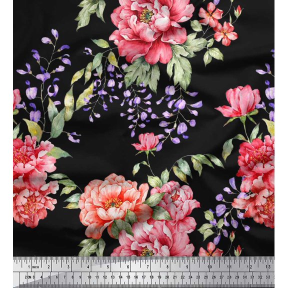 Soimoi Cotton Duck Fabric Leaves & Peony Floral Decor Fabric Printed Yard 42 Inch Wide