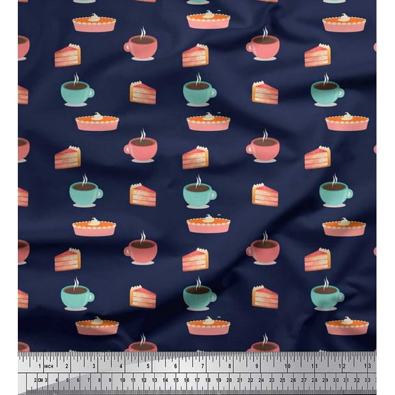 Soimoi Rayon Fabric Cake Slice & Coffee Beverages Printed Craft Fabric by The Yard 56 Inch Wide