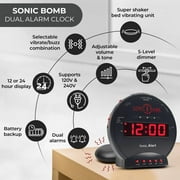 Sonic Bomb Dual Extra Loud Alarm Clock with Bed Shaker, Black & Red | Sonic Alert Vibrating, Heavy Sleepers, Battery Backup | Wake with a Shake