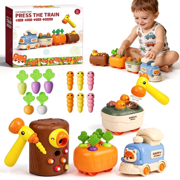 Caunedy 4-in-1 Press and Go Toy Cars,Kids Train Set with Whack-A-Mole,Woodpecker Worm,Carrot Harvest Game,Perfect Birthday Gifts for Boy Girl Aged 18M