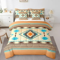Manfei Retro Aztec Geometric 7-Piece Bedding Comforter Set,Vintage Boho Geometric King Bedding Sets,Orange Cyan Brown Bed Sheets For Men Women,Breathable Home Decor