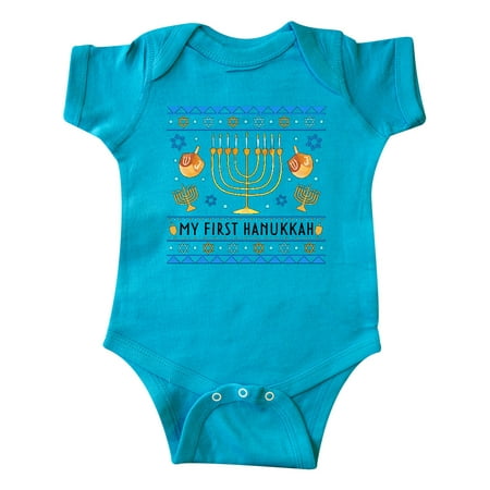 

Inktastic My 1st Hanukkah Sweater Style Design Menorah and Dreidels Gift Baby Boy or Baby Girl Bodysuit