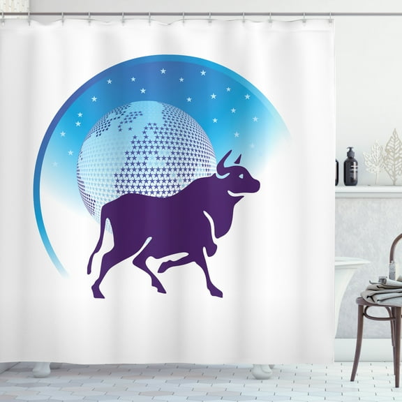 Zodiac Taurus Shower Curtain, Earth Globe with Stars and Dark Bull Animal Universe Future, Fabric Bathroom Set with Hooks, 69W X 75L Inches Long, Dark Purple Blue and White, by Ambesonne