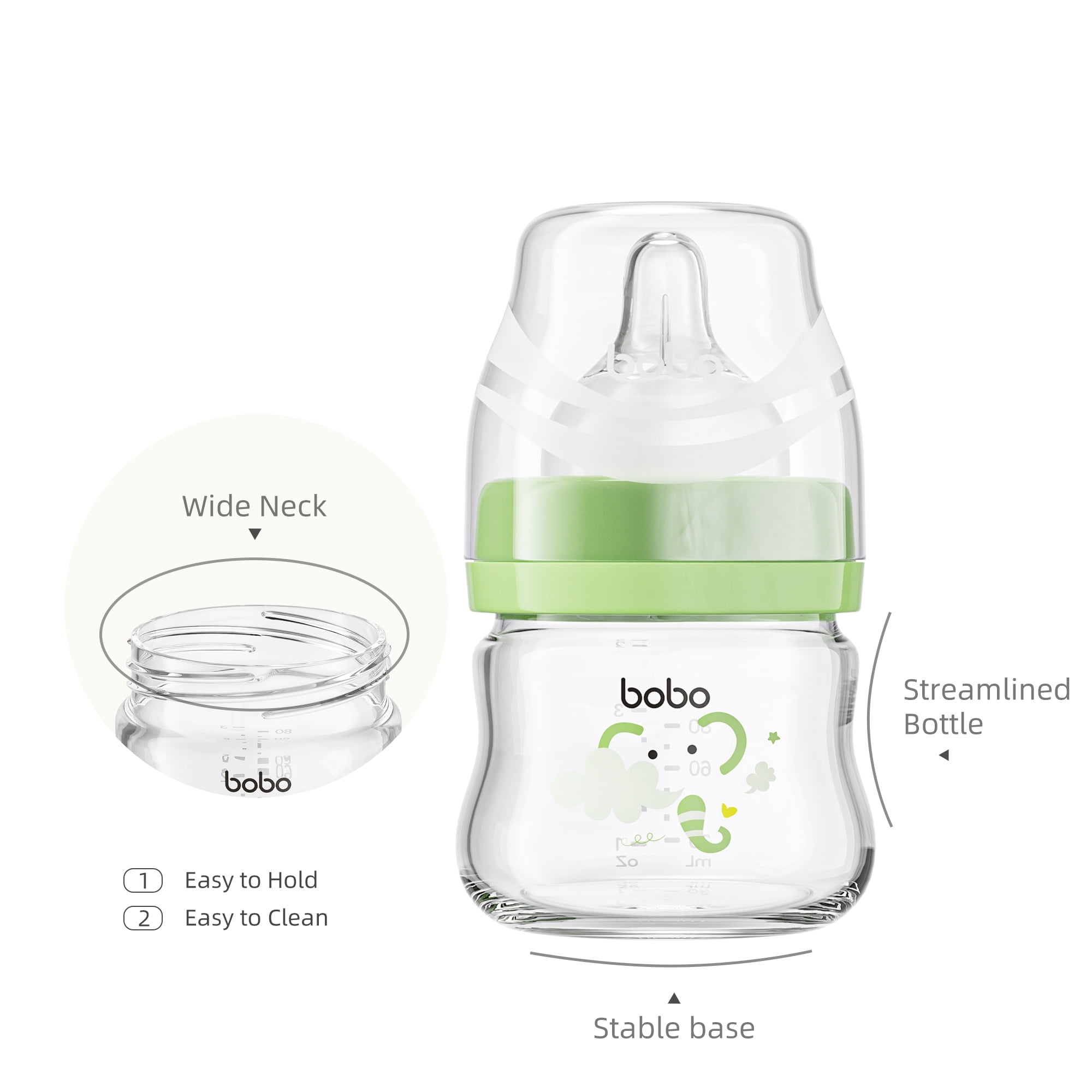 YOHKOH 2.7oz Newborn Glass Baby Bottle Sets,Wide-Neck,Slow Flow,for 0 m+,4-Pack,Green