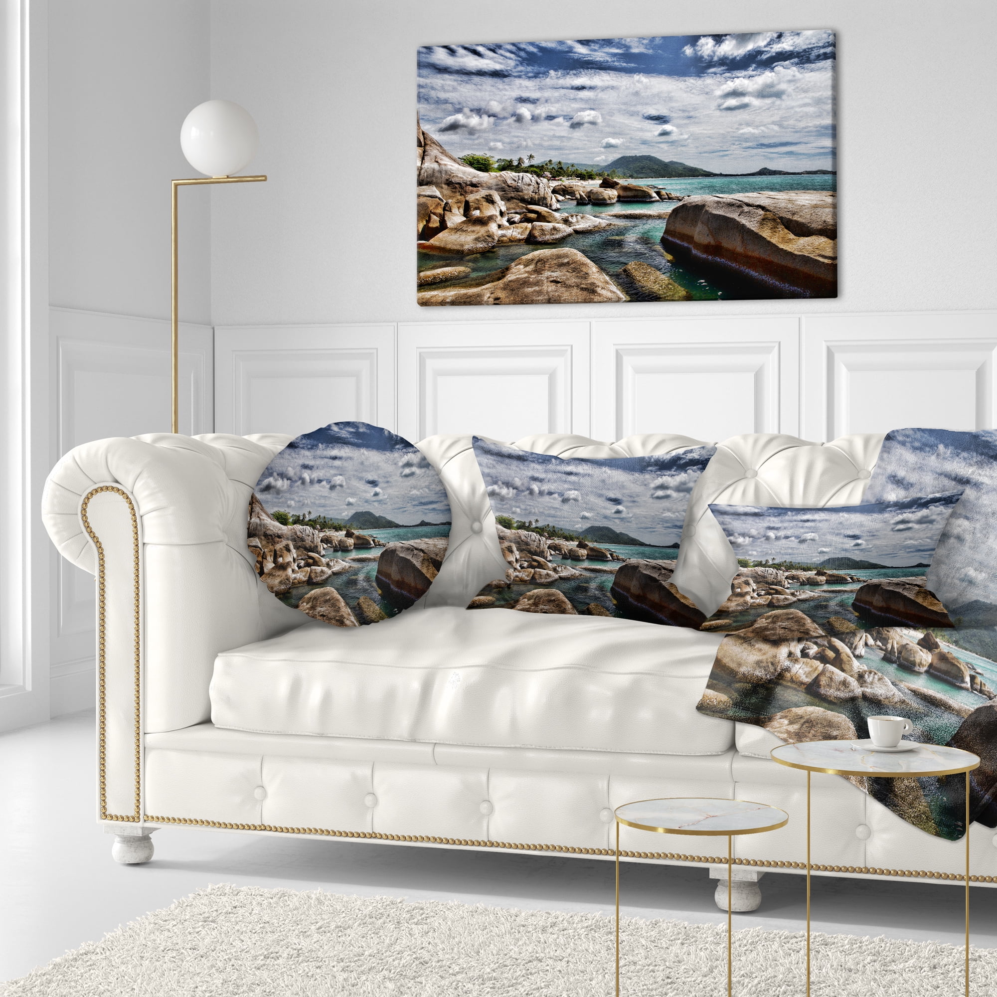 Designart Rocky Beach with Dramatic Sky - Seashore Throw Pillow - 12x20