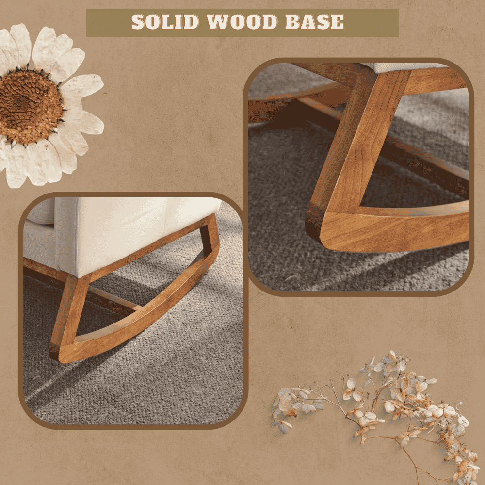 Spaco Linen Rocking Chair with Thick Headrest, Upholstered Mid-Century Modern Nursing Rocker Glider with Curved Armrest and Sturdy Solid Wood Base for Living Room, Bedroom, Baby Room, Beige