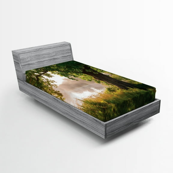 Ambesonne Tree Fitted Sheet, Stream Foggy Scene, Twin Size, Brown Green Dust