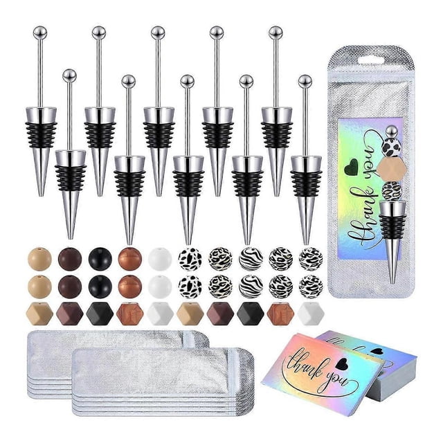 10 Pcs Beadable Wine Stoppers for Wine Bottles Bulk, 30 Pcs 15mm Silicone Beads Bulk for DIY Wedding Bar Holiday Party