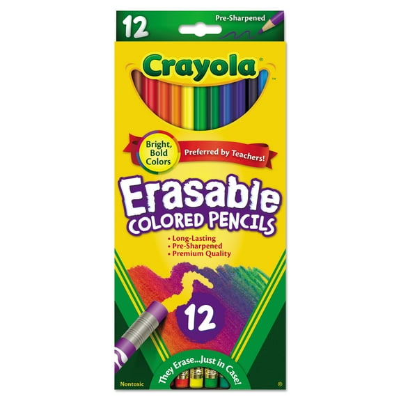 Crayola Erasable Color Pencil Set, 3.3 mm, 2B (#1), Assorted Lead/Barrel Colors, Dozen (684412)