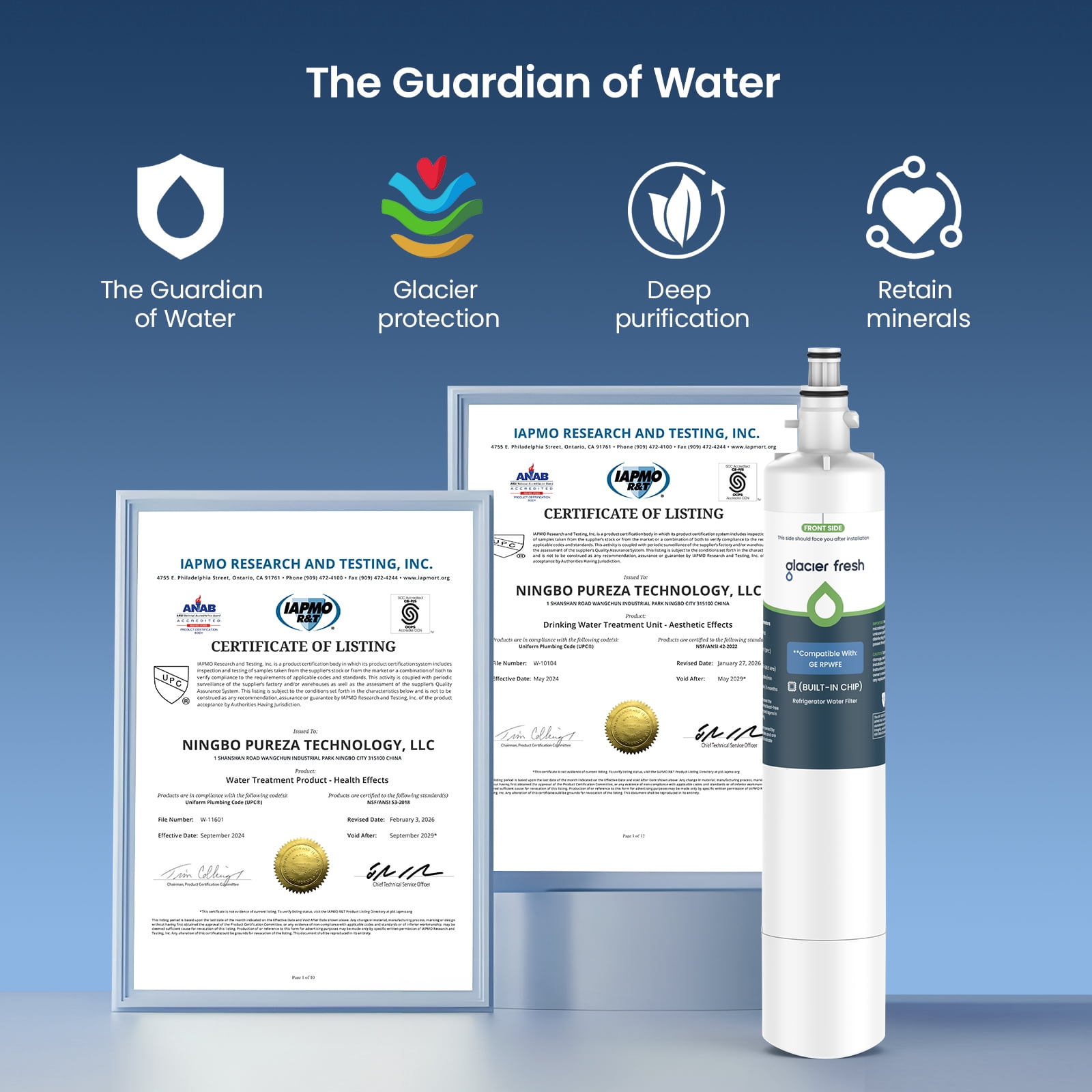 GLACIER FRESH RPWFE Refrigerator Water Filter, NSF/ANSI 53 & 372 Certified, Replacement for RPWF (Built-in CHIP), Compatible with GFE28GELDS, GFE28GYNFS, PFE28KELDS, PFE28KYNFS, GFD28GELDS, 4 Pack