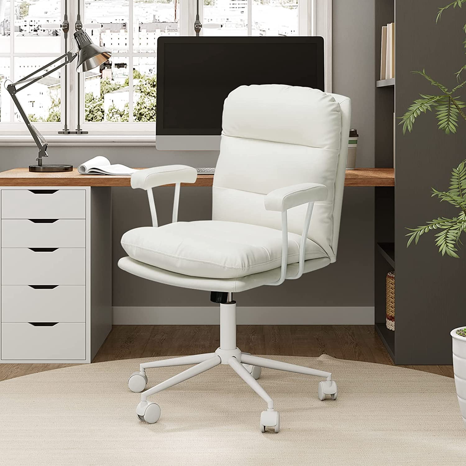 DICTAC Leather Office Chair Mid Century Desk Chair, Home Office Computer Chair, White