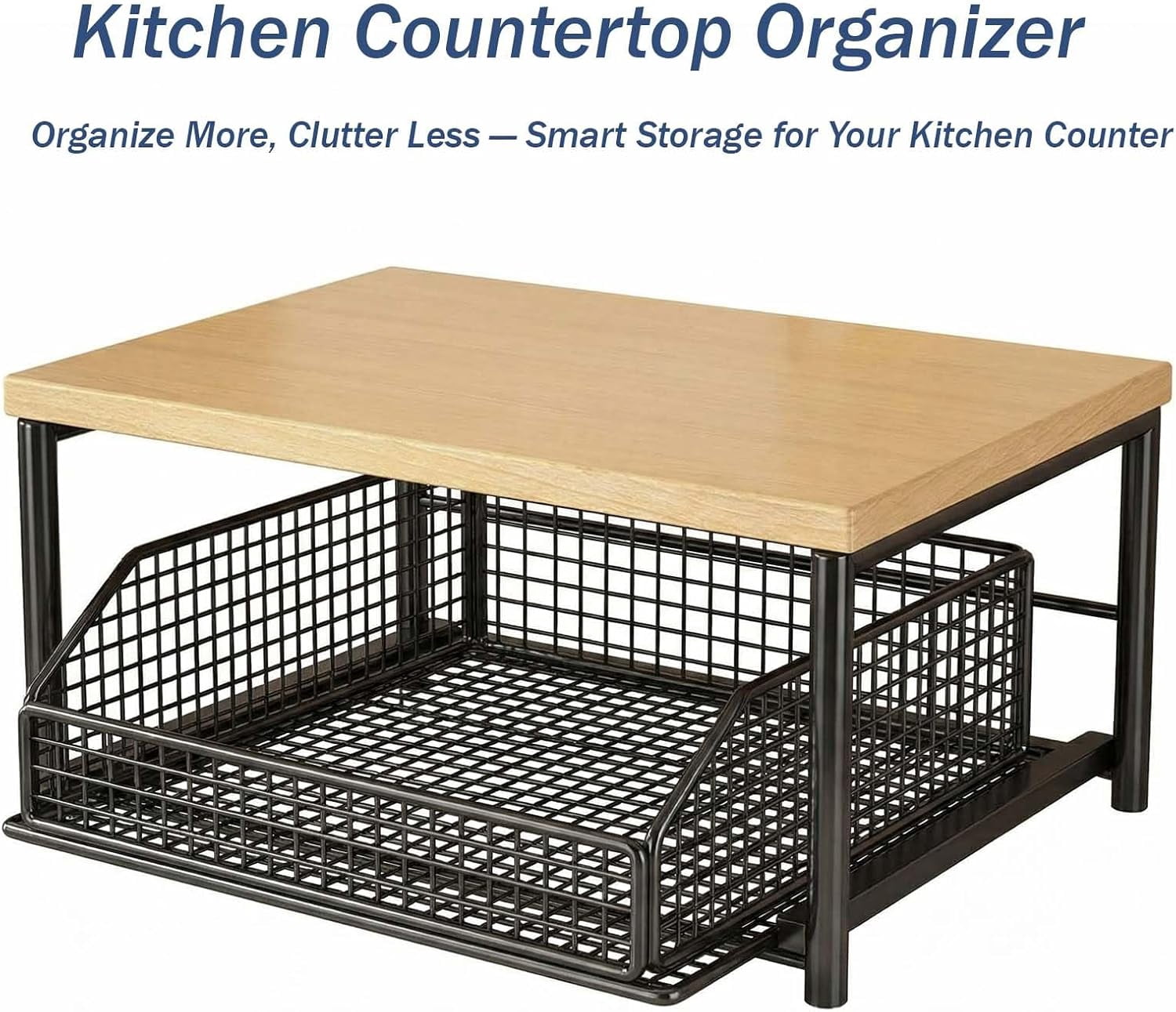 Kitchen Countertop Organizer with Drawer & Wire Basket, Hardwood Shelf, Sliding Drawer, Space-Saving Kitchen Pantry Organizer with Counter Shelf