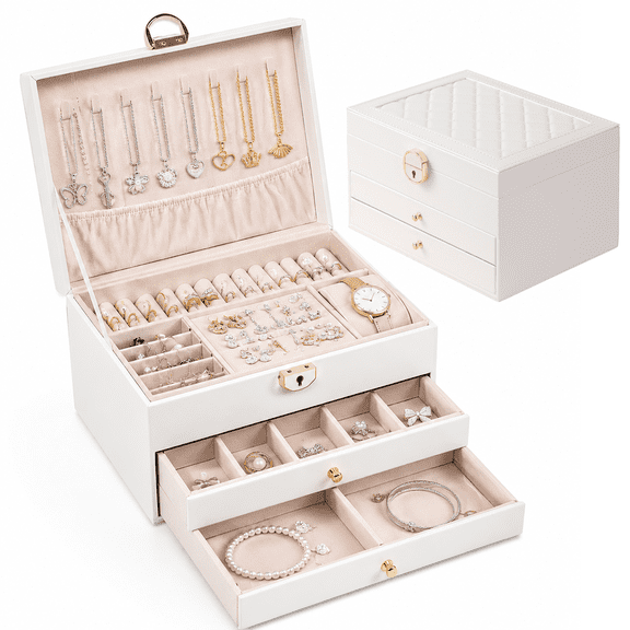 Brandon Super 3 Tier Jewelry Organizer Box PU Leather Storage Case With Lock For Rings Earrings Necklaces
