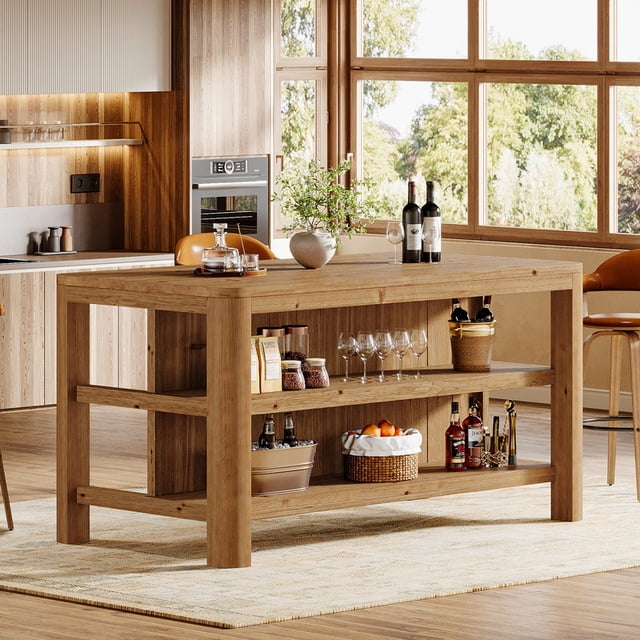 Tribesigns Solid Wood Bar Table, 63-inch Counter Height Pub Table with Storage Shelves, Rectangular Home Bar Unit for Kitchen, Pub, Rustic Brown