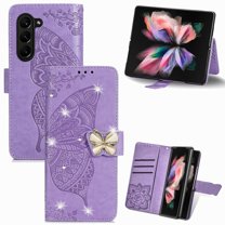 Dteck for Samsung Galaxy Z Fold 4 Case Wallet for Women, Flip Folio Cover with Butterfly Embossed Diamond PU Leathe Stand Card Holder Protective Case with Wrist Strap,Purple