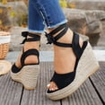 thumbnail image 4 of Rokment Womens Platform Wedge Strappy Dressy Sandals Bride Wedding Elegant Casual Suede Peep Toe Espadrilles Chunky High Heels Beach Dress Summer Shoes Black Size 8.5, 4 of 6