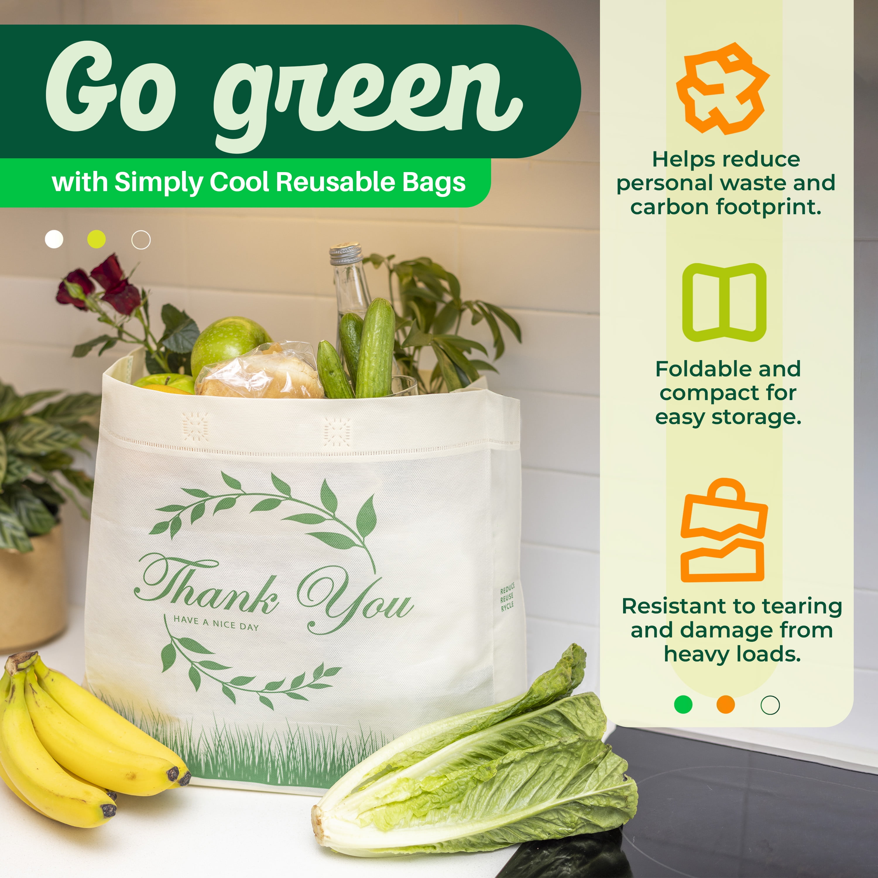 Simply Cool Reusable Bags Large Shopping Bags for Groceries Tote Bag Bulk, Printed 50-Pack
