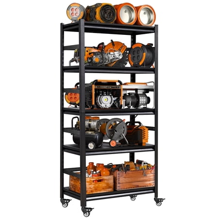 COOKCOK 5-Tier Storage Shelving Unit, Metal Shelf with Wheels, 35.4"x15.8"x72", Adjustable Garage Storage Shelf, Load Up to 2500LBS, Kitchen Shelf with Protective Side