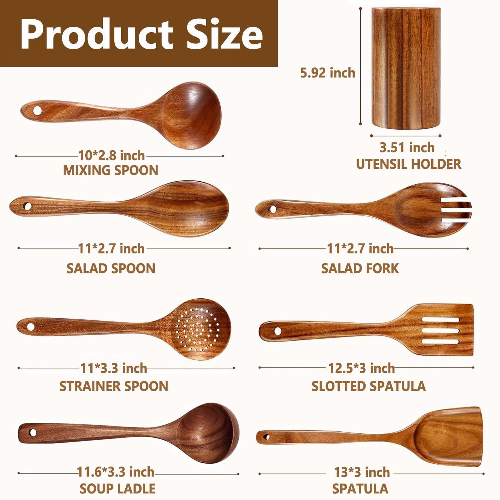 Kisportee Wooden Spoons for Cooking, 8 Pcs Natural Teak Wooden Utensils Set, Non-Stick & Heat Resistant Durable Wood Kitchen Utensil Set