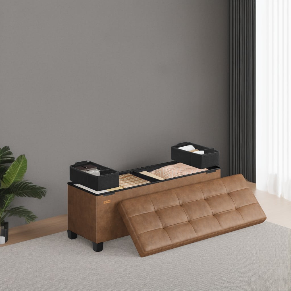 LEDREM 43-Inch Storage Ottoman Bench, 660 lb Capacity Foldable Footrest with 30 Gallon Storage, Synthetic Leather, Coffee Brown