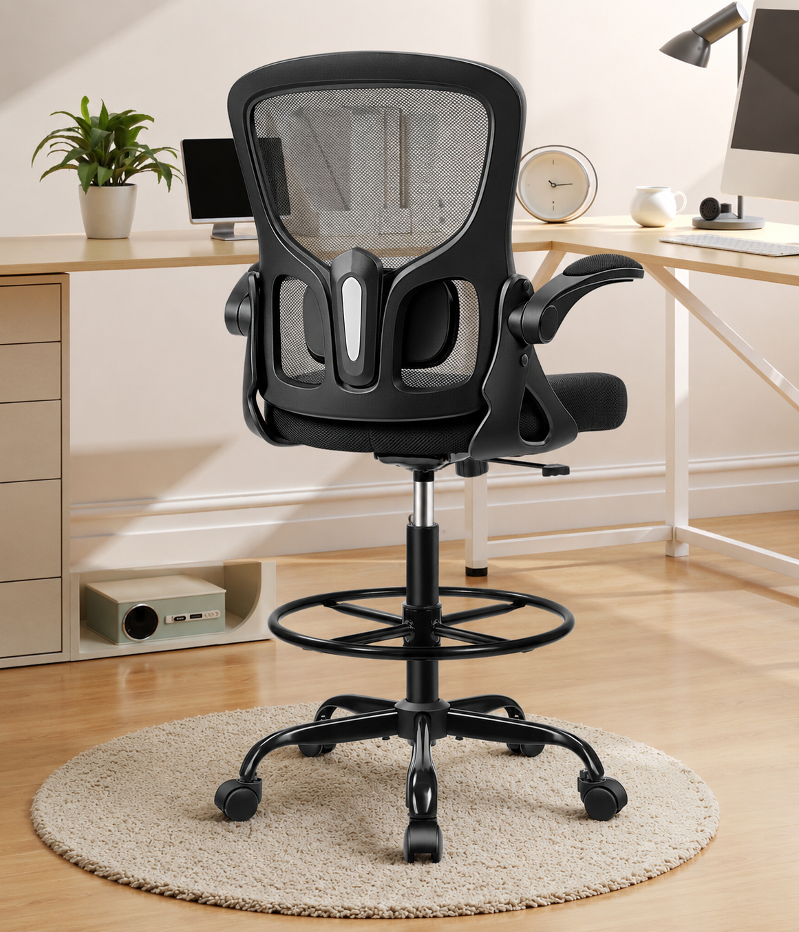 ATHOPE Office Chair Ergonomic Desk Chairs, Mesh Computer Chair with Flip-up Armrests, Adjustable Home Office Desk Chair with Lumbar Support Footrest Ring for Standing Desk, Black