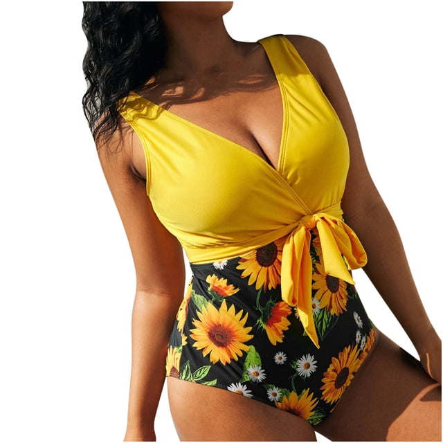 Traje de baño de bikini de una pieza con estampado de girasol y encaje para mujer con estampado superpuesto de talla grande Fridja nalpqowj24258