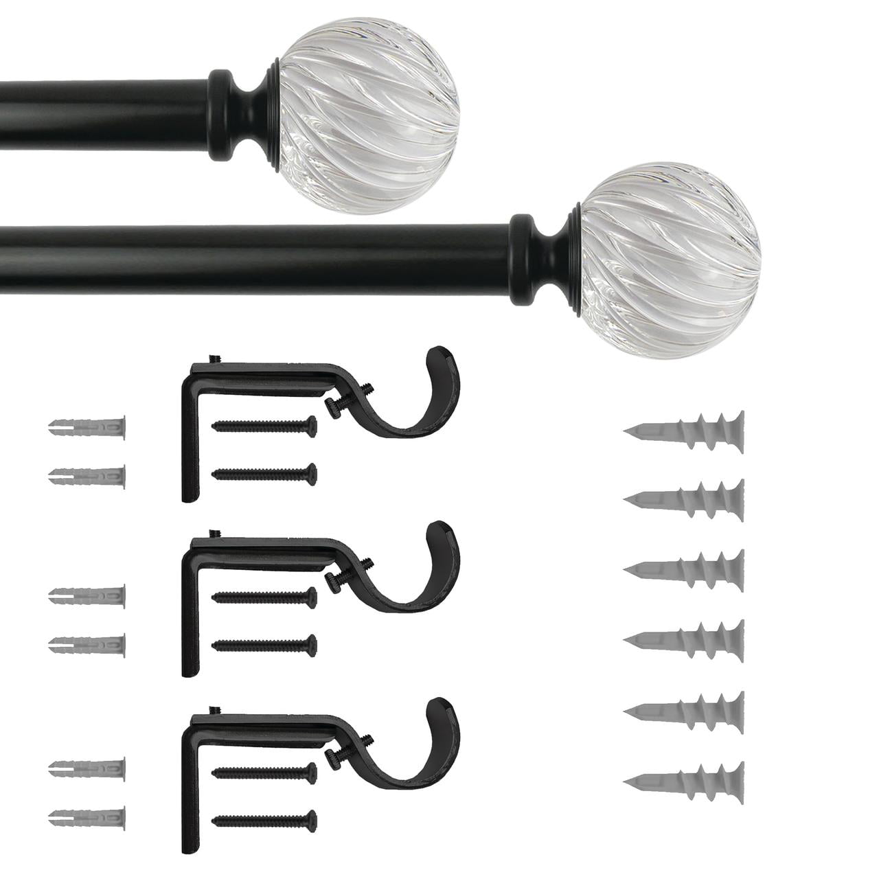Better Homes & Gardens 1 in Adjustable Curtain Rod, 42-120 in, Clear Twisted Sphere Finials, Matte Black