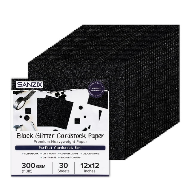 Cartulina Sanzix Black Glitter, 30 hojas, 30,5 x 30,5 cm, 300 g/m²