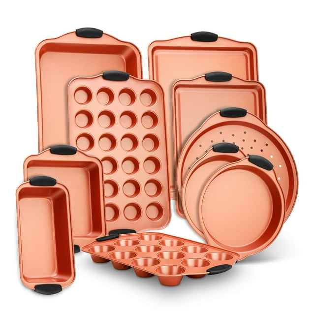 Ensemble de 10 Pcs de Moules de Cuisson Antiadhésifs en Acier - Ensemble de Plaques de Cuisson en Acier au Carbone avec Poignées en Silicone Rouges Résistantes à la Chaleur, Va au Four jusqu'à 450 °F, Moules Ronds/carrés pour Pizza Pain Muffin, Plaque à Biscuits, Etc. - NutriChef NCSBS54S