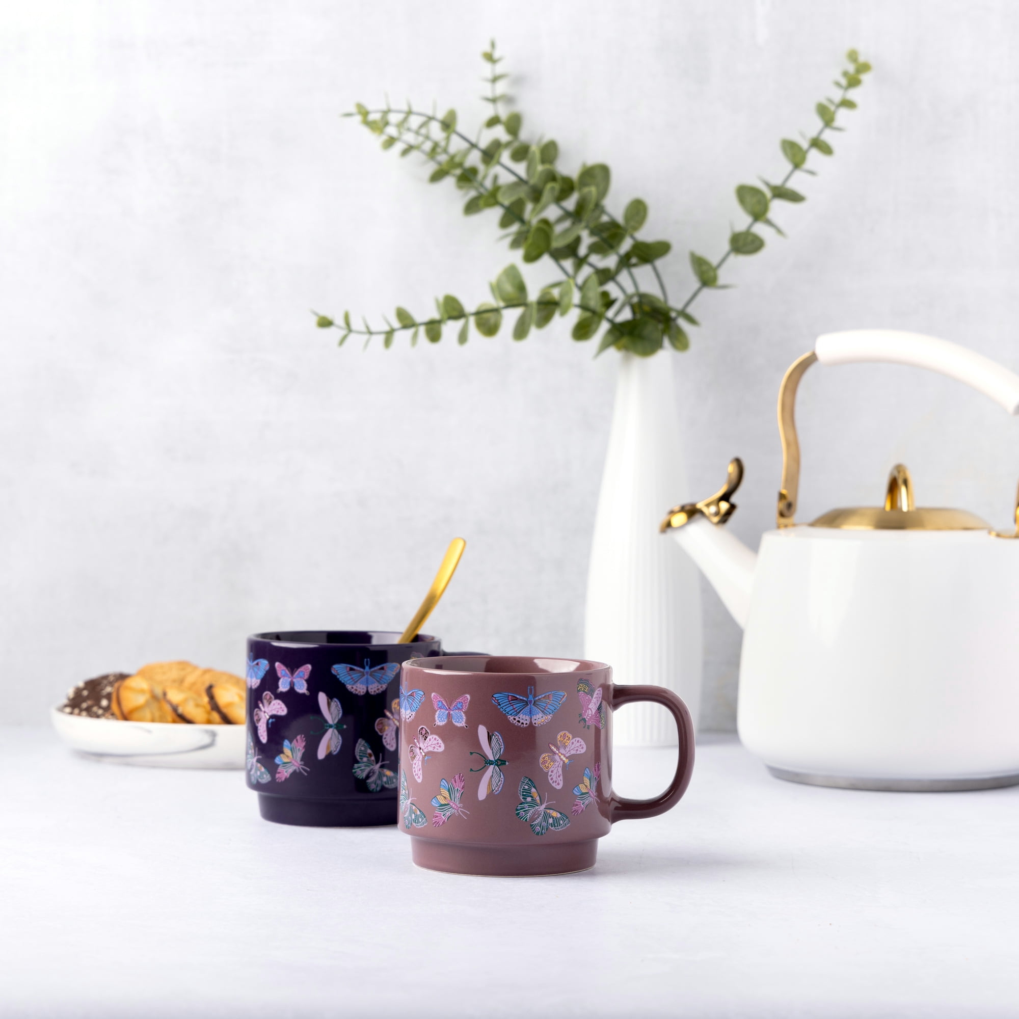 Thyme & Table 2 Pack Stacking Butterfly Purple Mugs 14.2 fl oz, Stoneware