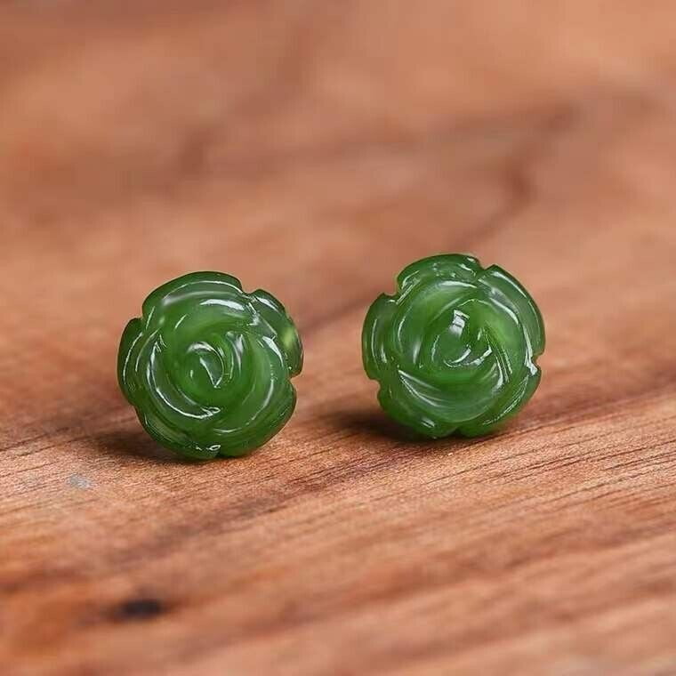 Green Jade Stud Earrings For Women - Natural Jade Flower, S925 Silver Posts, Gift Box 2 thumbnail image
