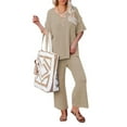 thumbnail image 7 of Waffle Knit Lounge 2 Piece Outfits for Women Summer Fall Casual Button V Neck Top and Wide Leg Flare Pant Sets (XL, Khaki), 7 of 7