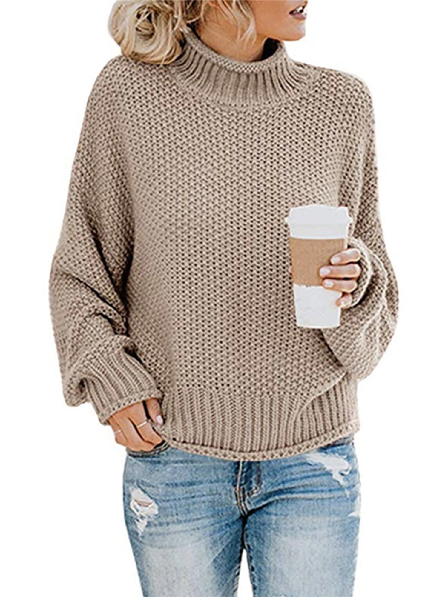 EINCcm Women Long Batwing Sleeve Turtle Cowl Neck Plain Knit Pullover Sweaters Oversized Loose Fit High Low Tunic Tops 