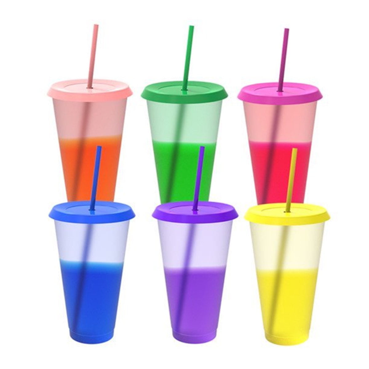 Casewin Reusable Plastic Cups with Lids Straws: 7Pcs 24oz Colorful