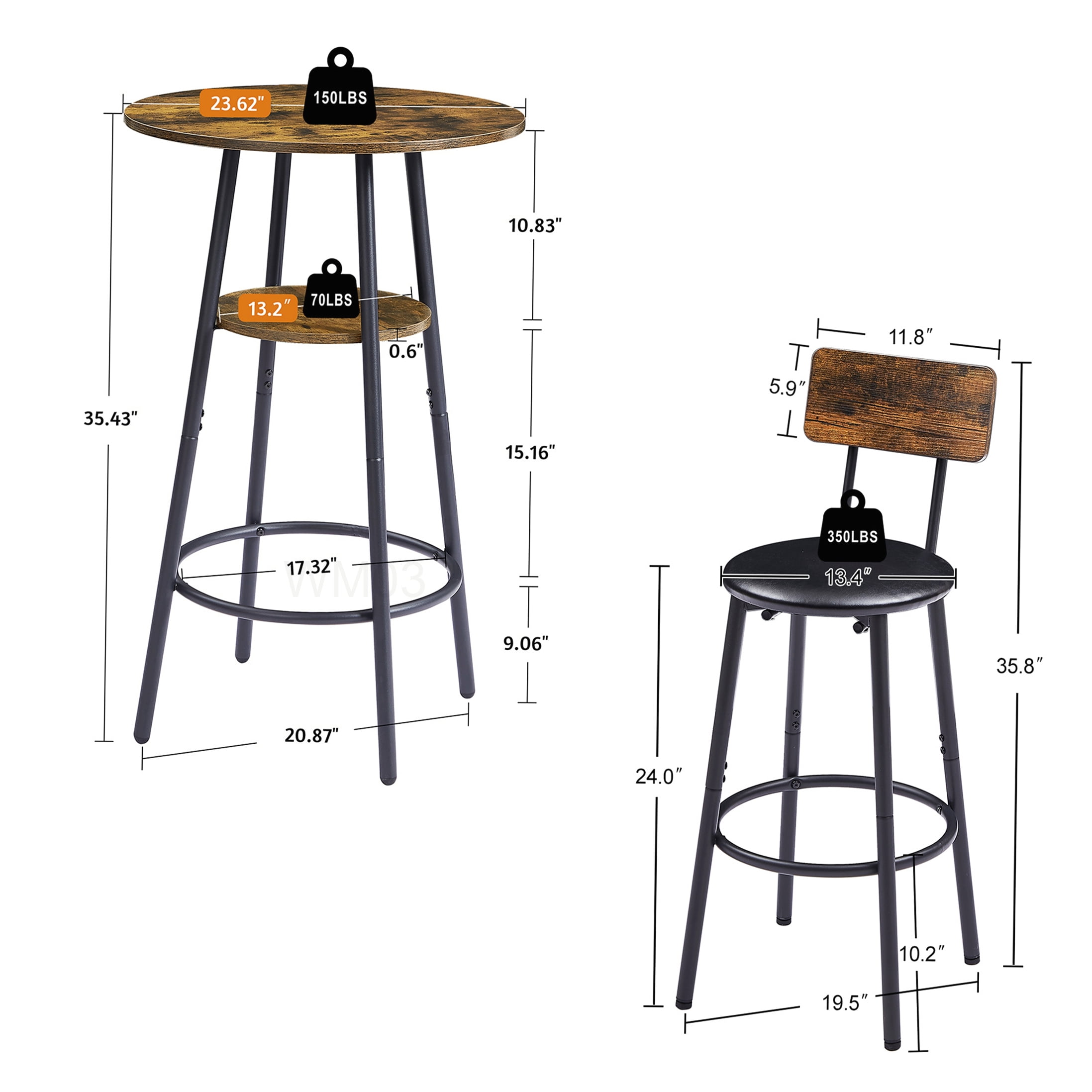 Industrial Style Bar Table Set with 2 Padded Stools, Rustic Brown Finish with Shelf