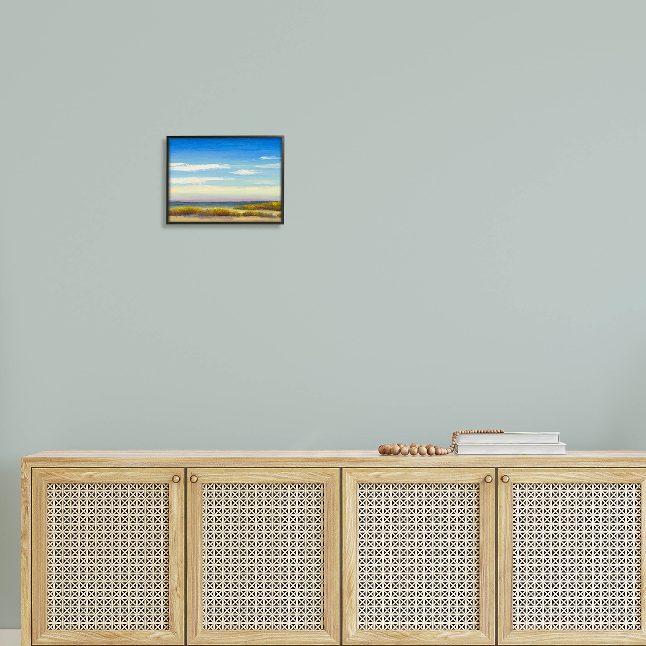 Coastal Beach Vivid Blue Sky Coastal Painting Black Framed Art Print Wall Art