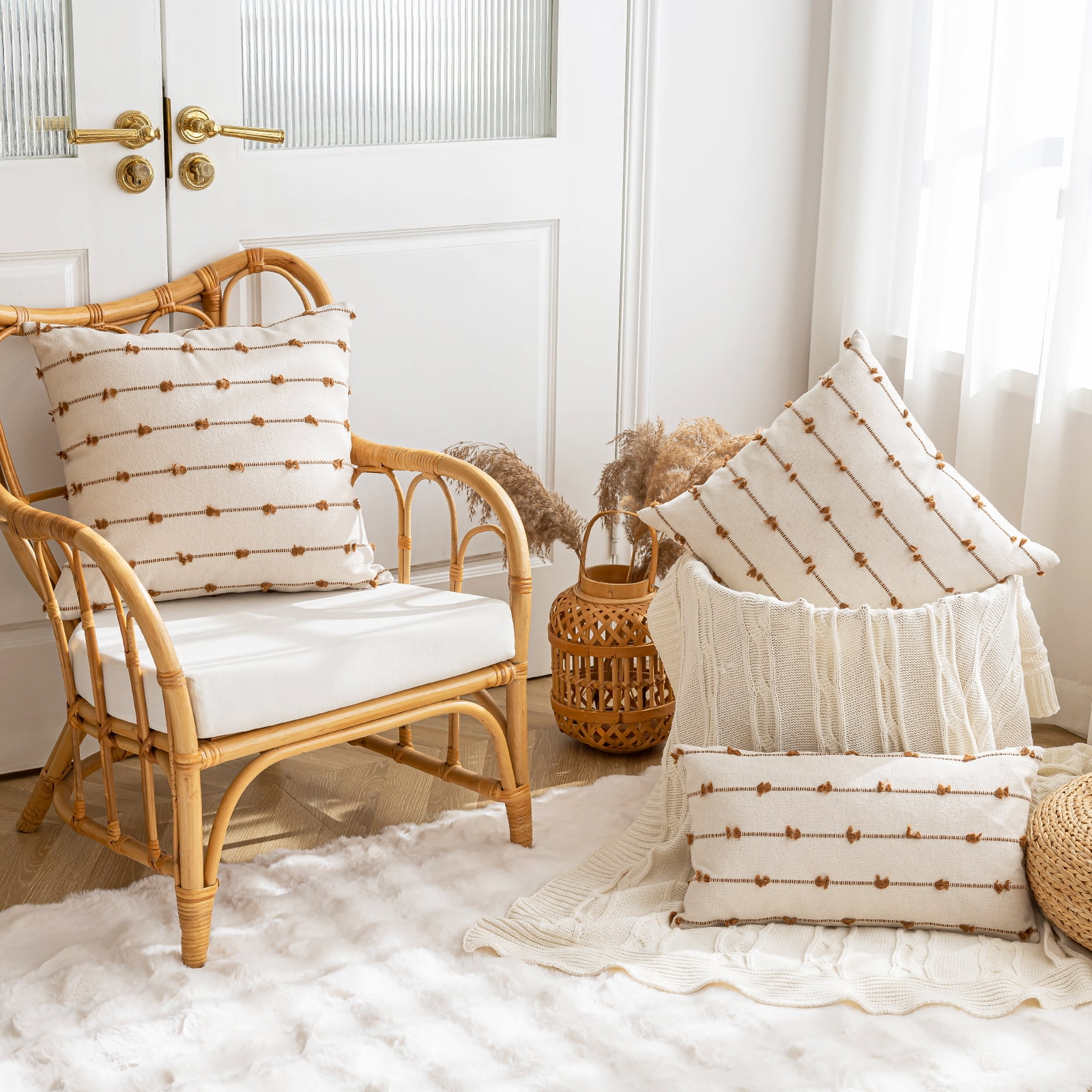 Skodaer Boho Throw Pillow Covers 12"x20" Set of 2 Modern Farmhouse Decorative Cushion Case Tufted Square Pillows Cover Neutral Pillow Cases Accent Pillowcase for Sofa, Couch, Bed,Brown