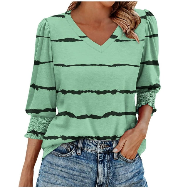Atogsazn Blouse pour Femmes Habillée Décontractée Printemps Été Manches 3/4 à Volants Hauts Tunique Décontractée Chemises de Travail 01-Vert m Mode