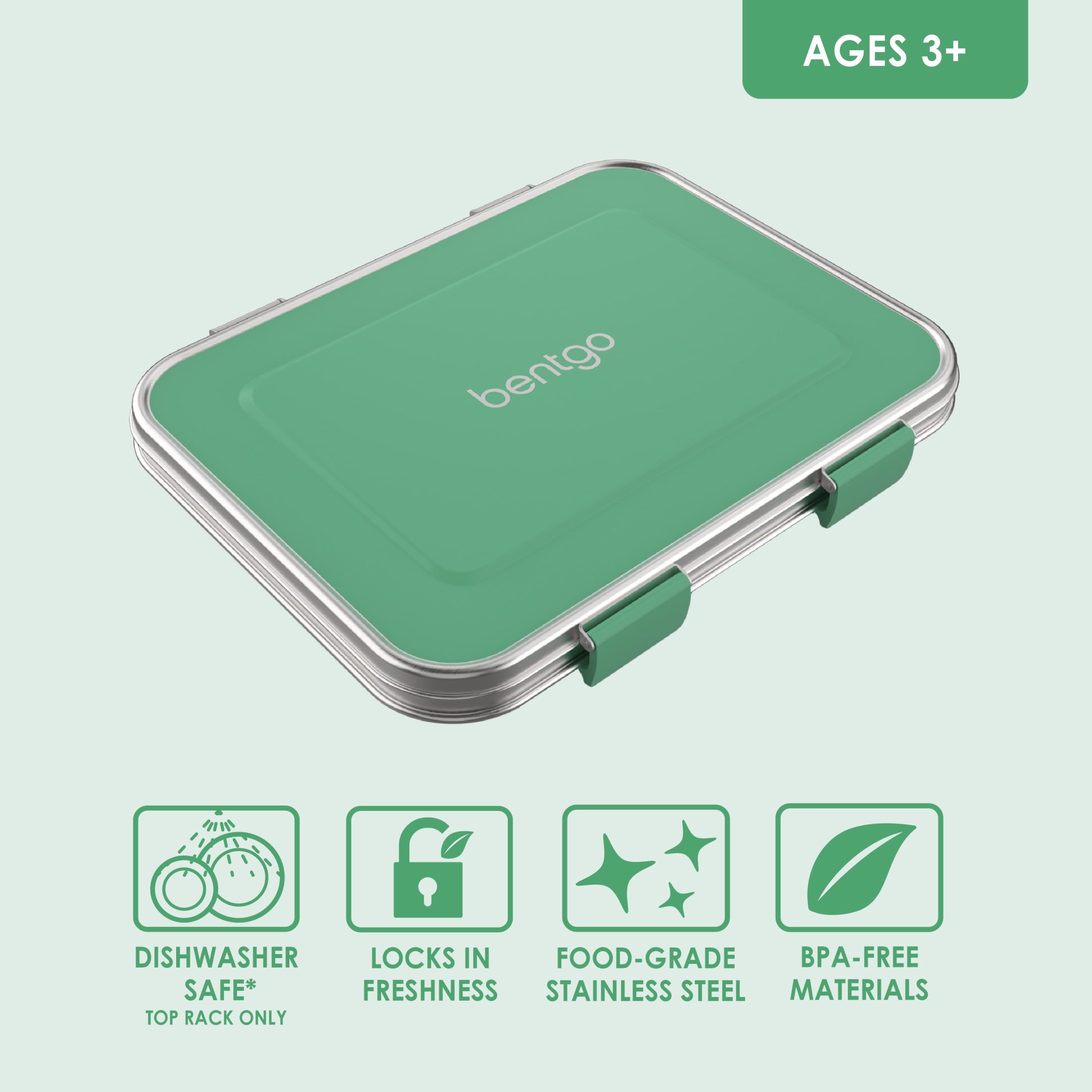 Bentgo Kids Stainless Steel Leak-Resistant Lunch Box - 3-Compartments with Bonus Silicone Container, Durable, Eco-Friendly, Dishwasher Safe, BPA-Free, Ideal for School, Ages 3+ (Green)