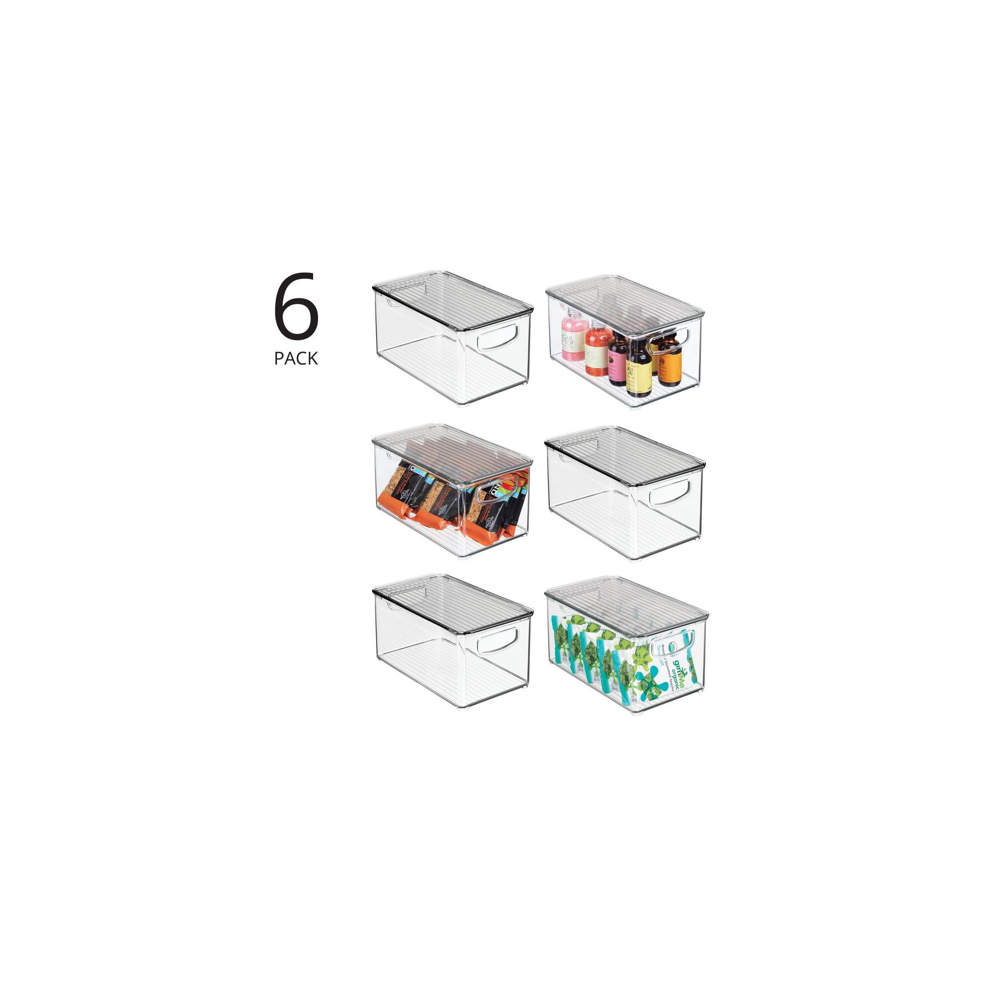 mDesign Plastic Deep Kitchen Storage Bin Box, Lid/Handles, 6 Pack, Clear/Gray