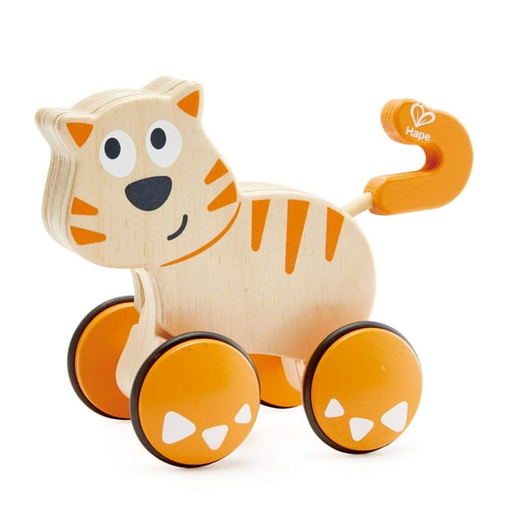 Juguete para niños pequeños con forma de gato Dante Push and Go de madera con ruedas Hape NA