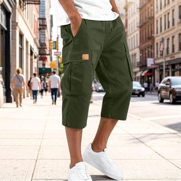 Capri Cargo Shorts for Men - Below Knee Long Shorts with Pockets Dstring Elastic Waist Baggy Utility Hiking Pants,4XL