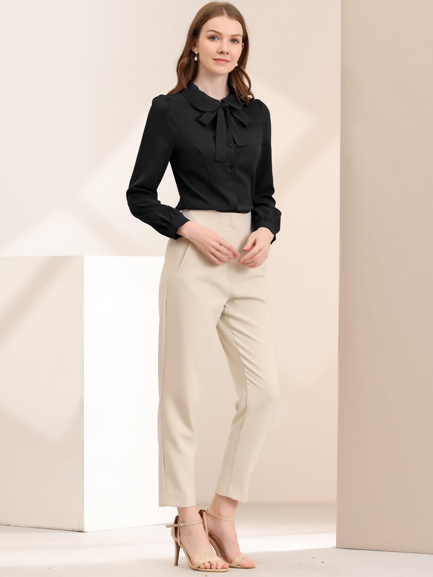 DARING DIVA Pan Collar Bow Tie Neck Work Office Shirt XL Black