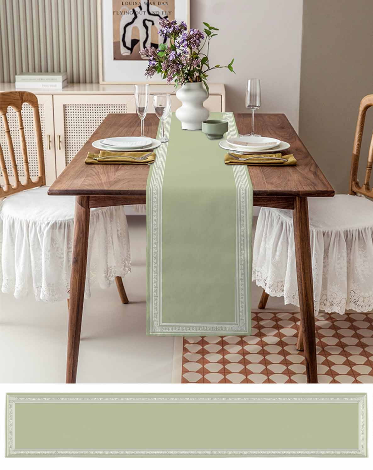 Sage Green Greek Key Table Runner 72 Inches, Geometric Greece Ancient Farmhouse Geo Bed Runner Dresser Scarves Tabletop for Indoor Outdoor Parties/Ceremony/Banquet, 13" x 72"
