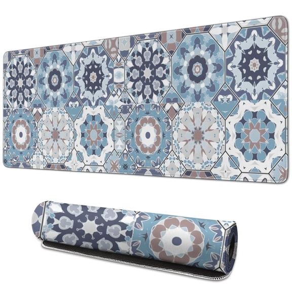 Long Mouse Pads for Desk,Blue Ethnic Geometric Pattern Desk Mats on Top Of Desks, Desk Mouse Pad Extra Large with 3mm Non-Slip Base and Stitched Edge for Gaming,Office,Work,Home 31.5"x11.8"