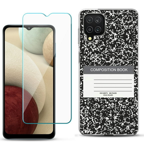 Slim-Fit Shockproof Phone Case compatible with Samsung Galaxy A12, with Tempered Glass Screen Protector, by OneToughShield ® - Composition Book