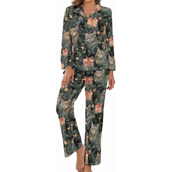 Top-kevin Women's Pajama Sets Cats Christmas Trees Long Sleeve Lounge Sets Pjs Sleepwear with Pockets