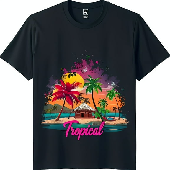 Vibrant Tropical Paradise T-Shirt for Men & Women Sunset Trees & Beach Design